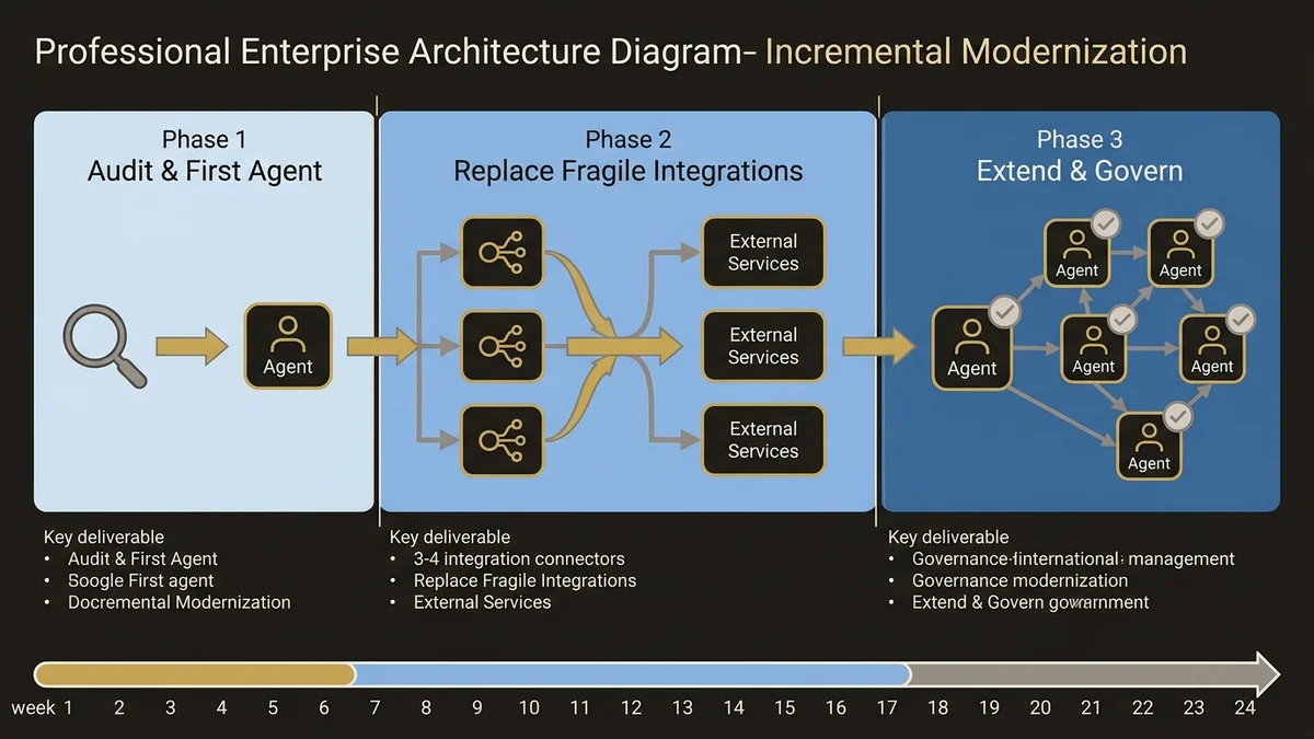 Three-phase 24-week modernization roadmap for ETI Agentforce deployment with key deliverables