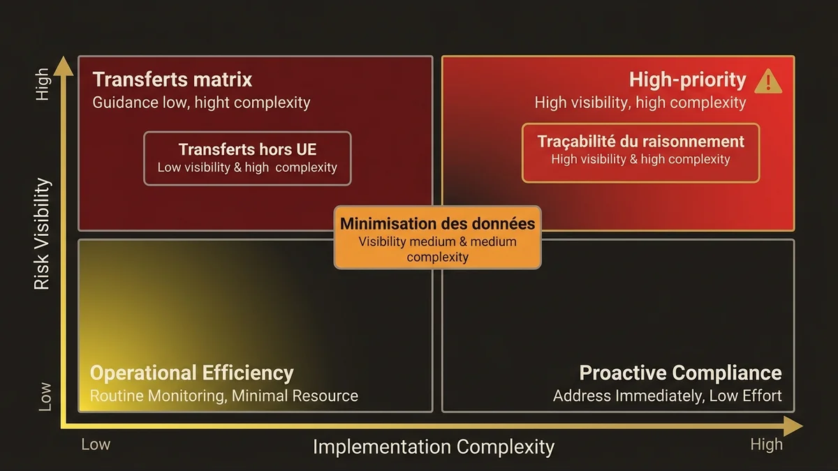 Risk matrix showing three RGPD compliance vectors by visibility and implementation complexity