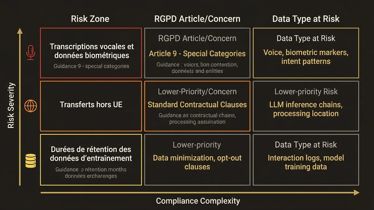 RGPD risk matrix for Agentforce: three zones with articles and data types at risk