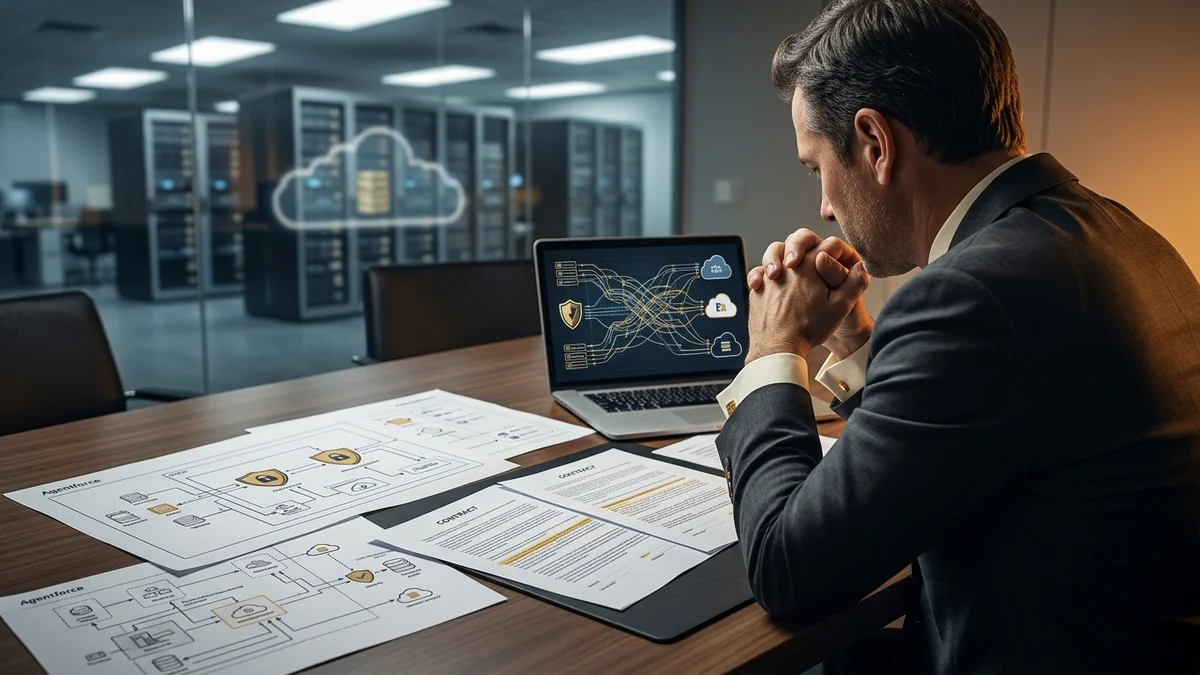 Executive reviewing Agentforce architecture and vendor lock-in implications at desk