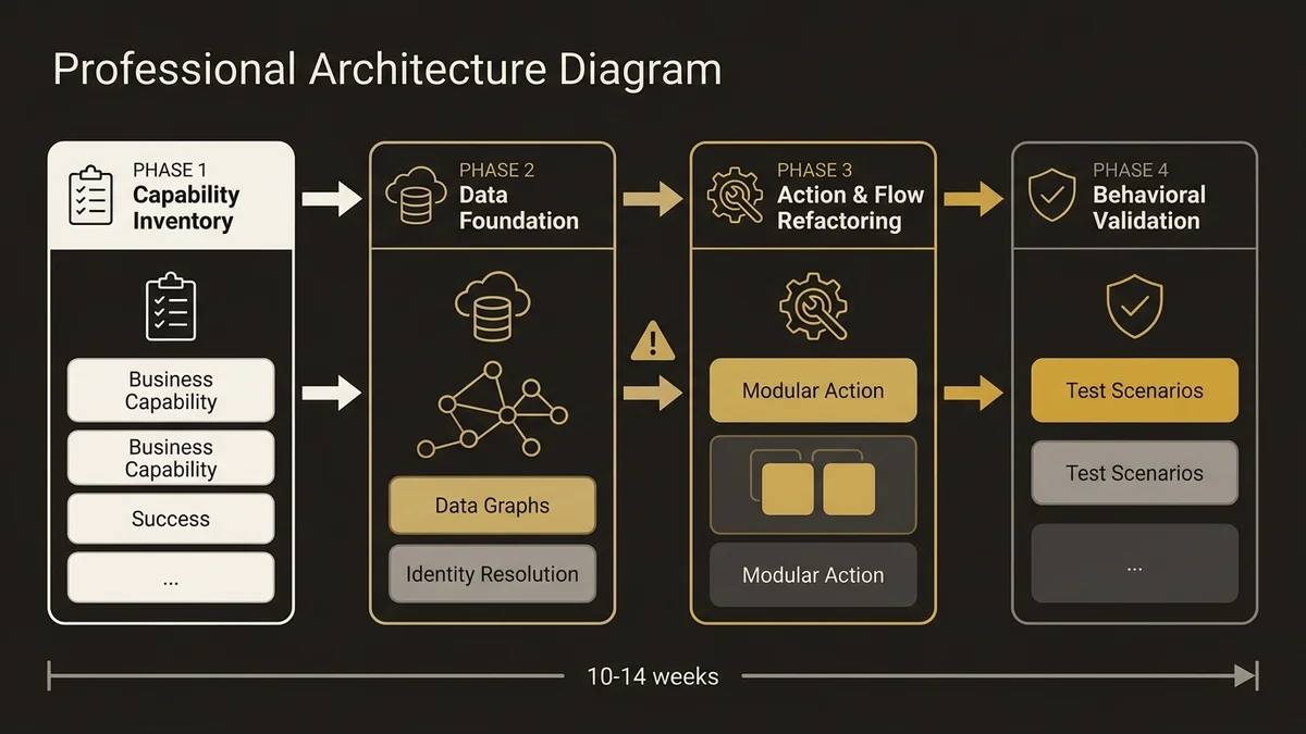 Four-phase Agentforce migration timeline from capability inventory to behavioral validation