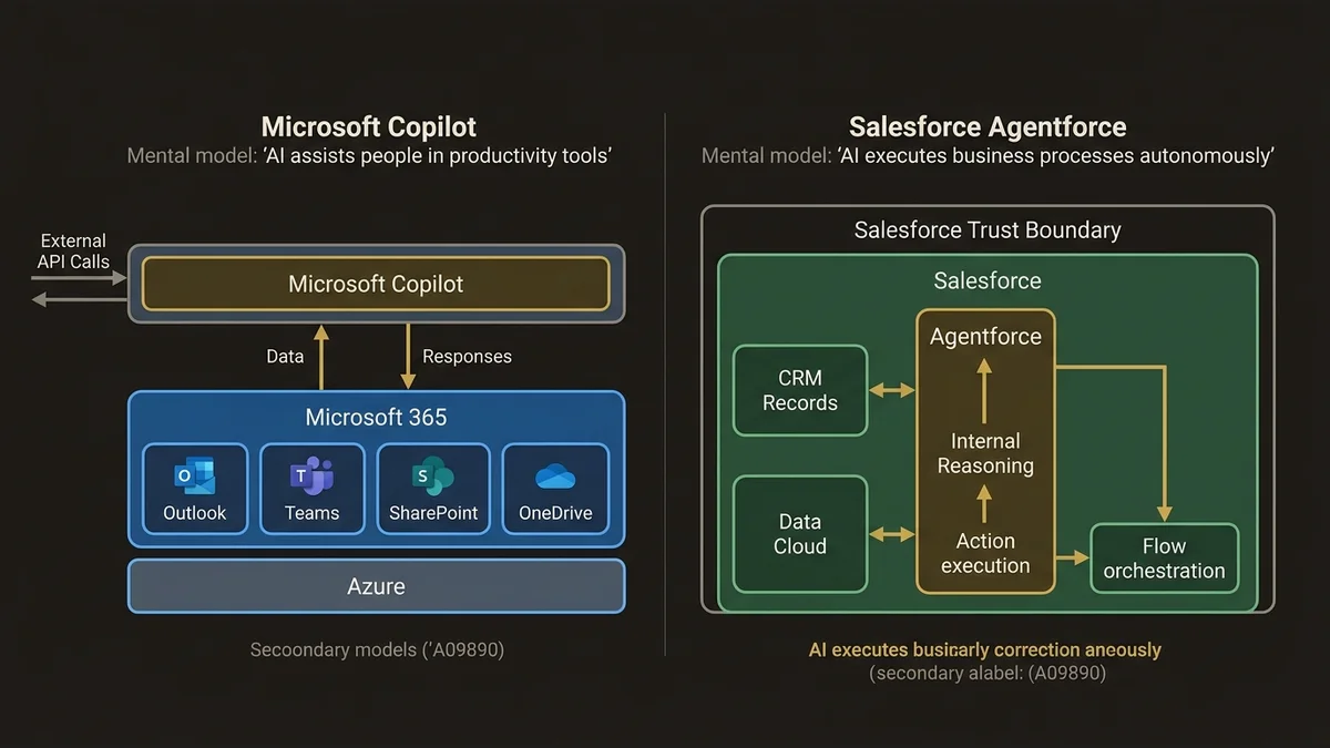 Side-by-side architecture comparison: Copilot as horizontal layer above Microsoft 365; Agentforce as vertical layer within Sa