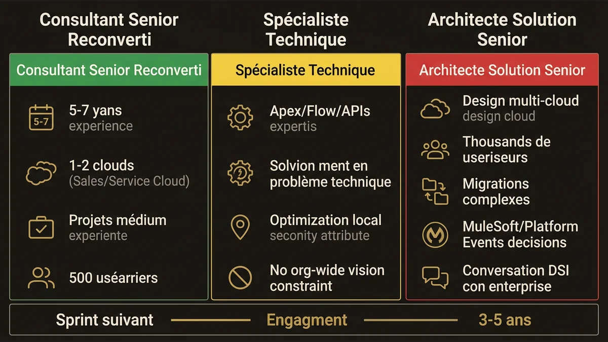 Three Salesforce freelance profiles compared: consultant, specialist, senior architect with capabilities and scope