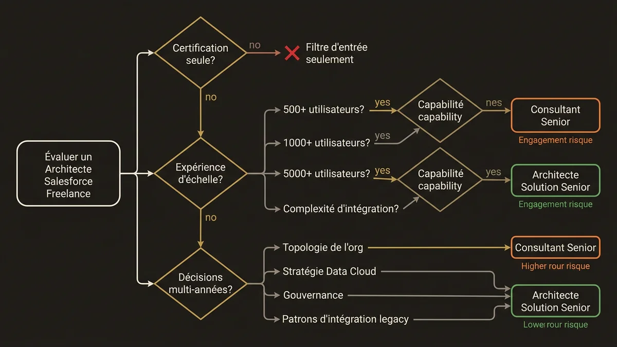 Decision tree for qualifying Salesforce architect freelancers based on certification, scale experience, and strategic decisio
