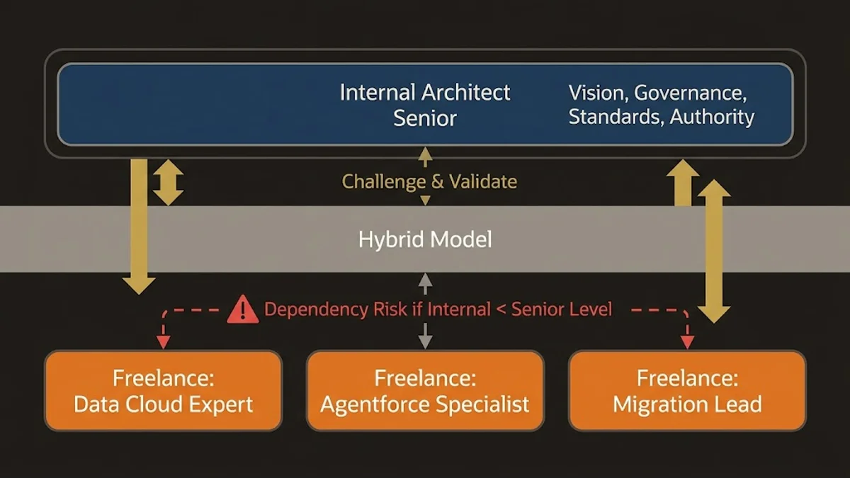 Three-layer hybrid architecture showing internal governance authority over specialized freelance experts with dependency risk