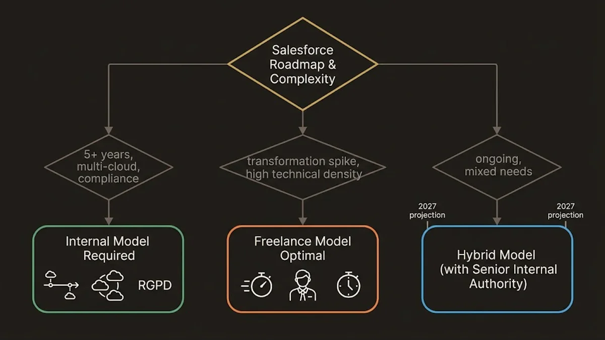 Decision tree for choosing internal, freelance, or hybrid Salesforce architect model based on roadmap and complexity factors.