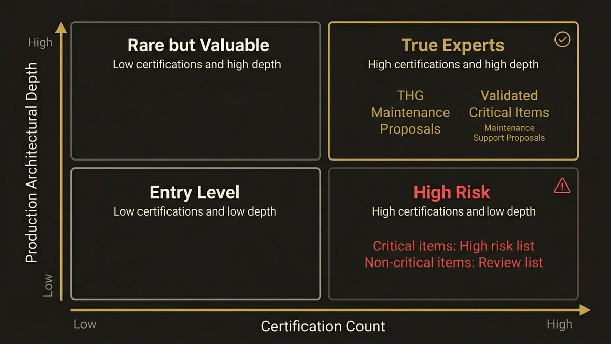 2x2 matrix showing certification count vs. architectural depth, highlighting high-credential/low-depth risk quadrant.