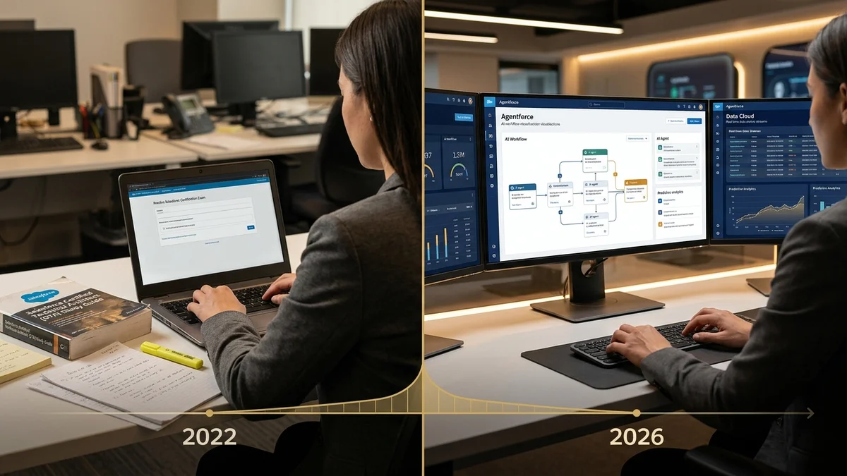 Split-screen showing certification-focused learning (left) versus production AI/data architecture focus (right).