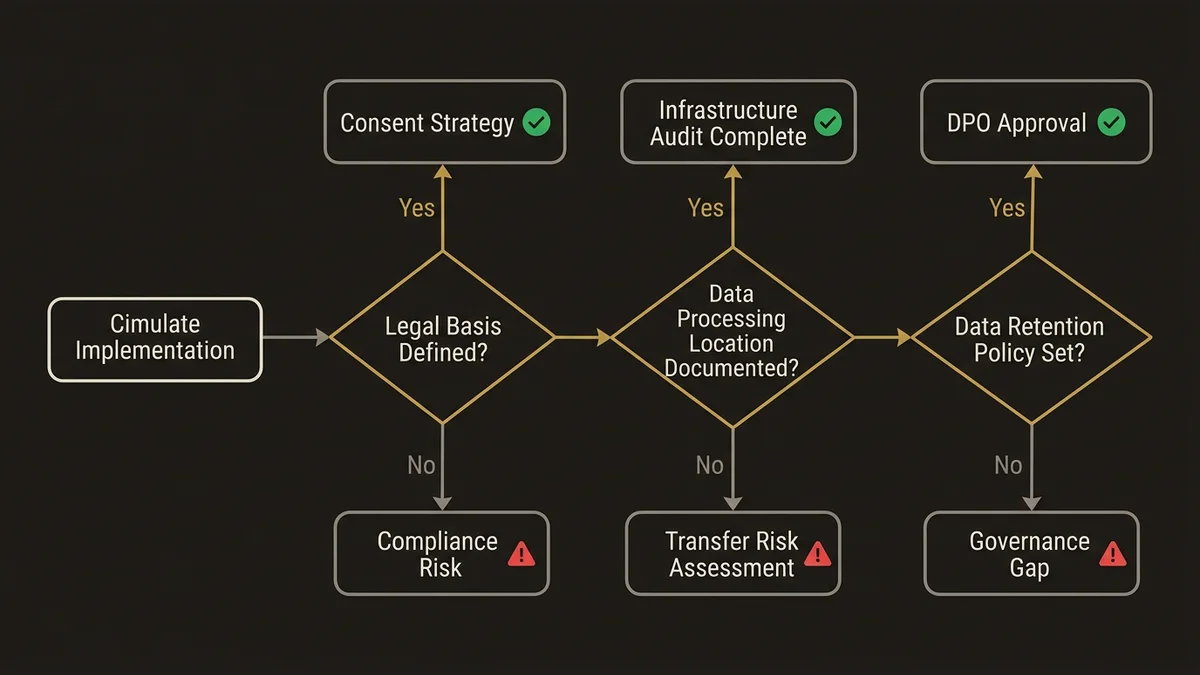 RGPD compliance decision tree for Cimulate implementation covering legal basis, data location, and retention policies.