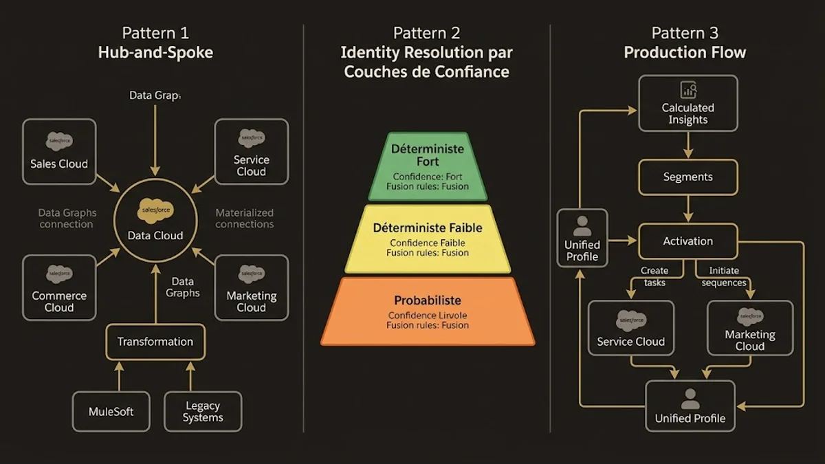 Three Salesforce Customer 360 architecture patterns: hub-spoke, identity resolution tiers, and segmented activation flows.