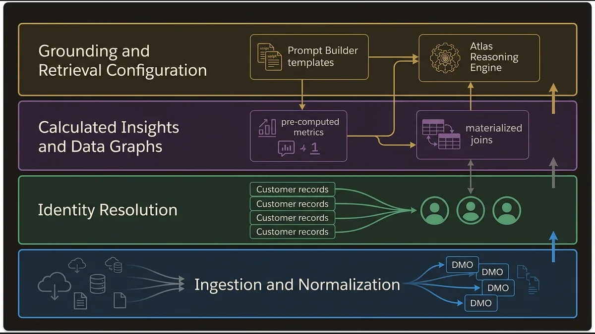 Four-layer stack diagram showing data ingestion, identity resolution, insights, and retrieval configuration for Agentforce ar