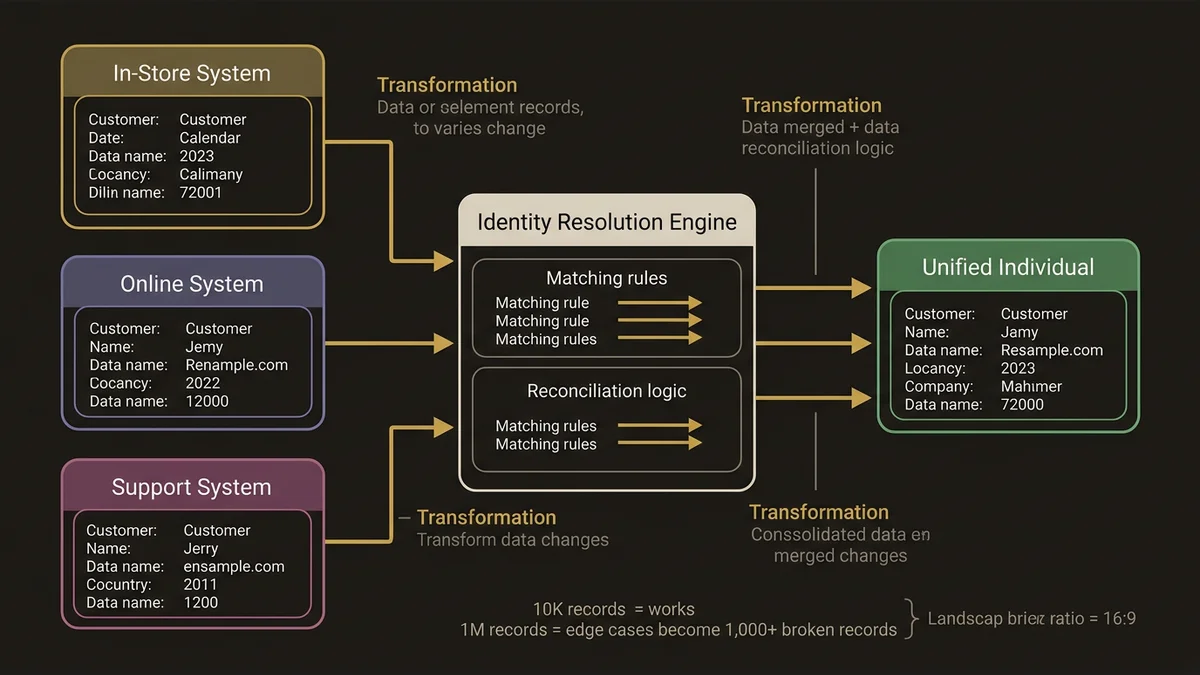 Data flow showing three systems merging through identity resolution into unified customer record
