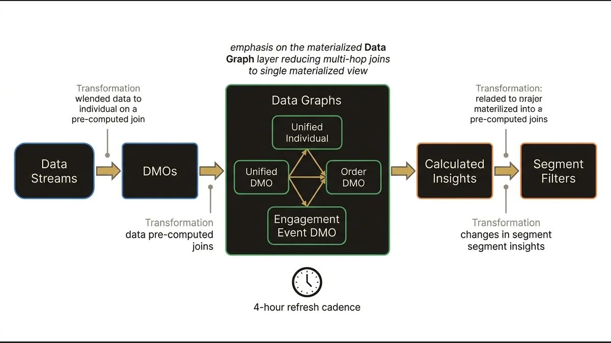 Data pipeline showing Data Graphs materializing pre-computed joins between DMOs to optimize segment query performance.