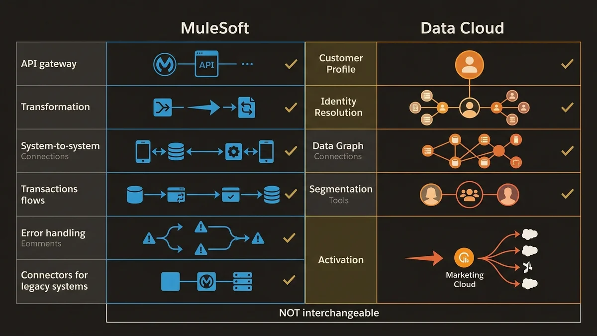 MuleSoft vs Data Cloud functional comparison with integration and unification focus