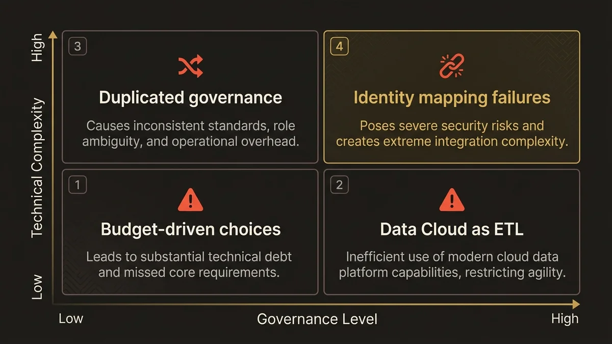 2x2 matrix of four common Data Cloud and MuleSoft architecture mistakes with risk indicators