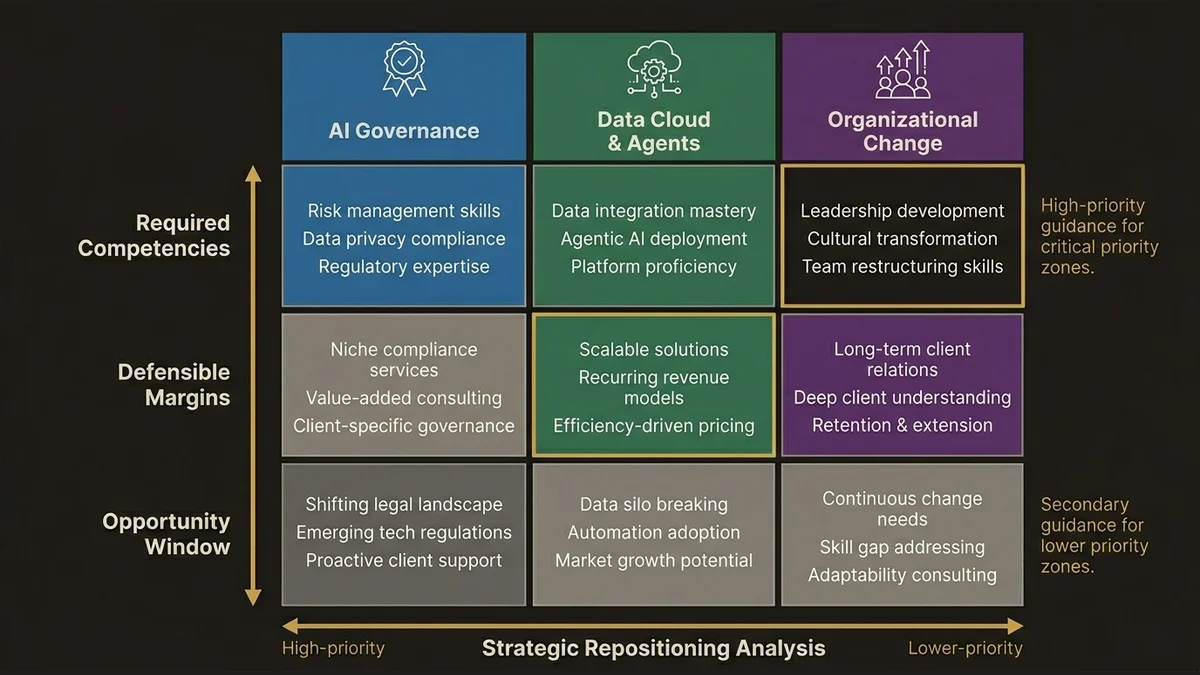 Three ESN repositioning strategies matrix with competencies, margins, and opportunity windows
