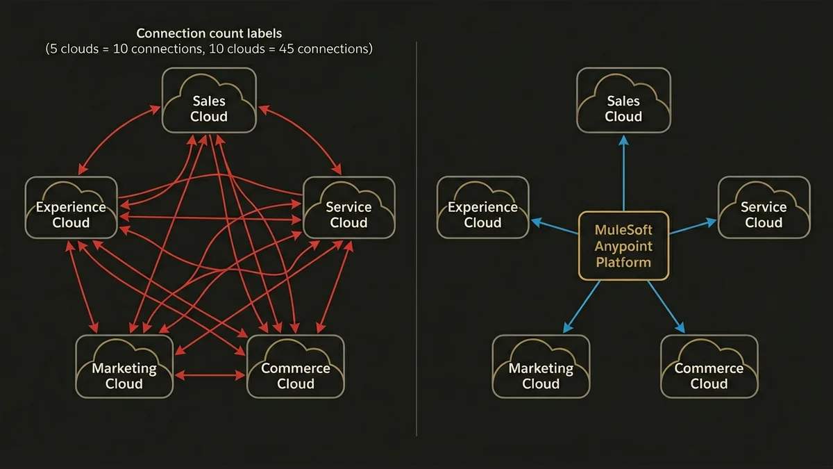 Point-to-point vs hub-and-spoke integration topology comparison for multi-cloud Salesforce