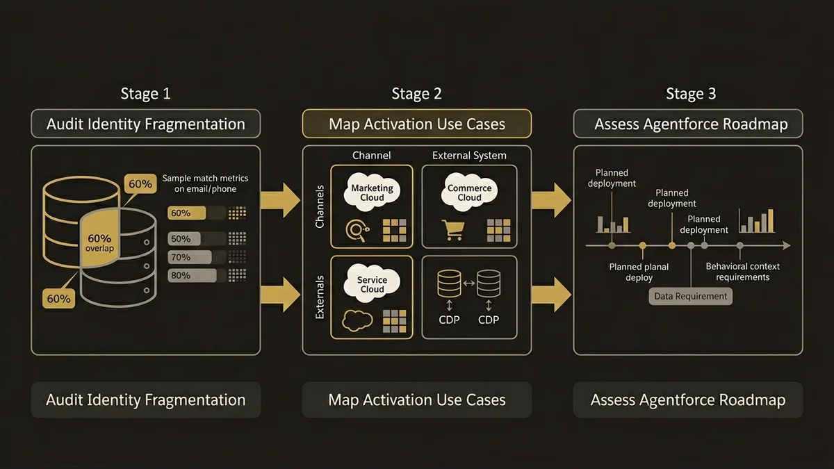 Three-stage pre-purchase evaluation framework: fragmentation audit, use case mapping, Agentforce assessment