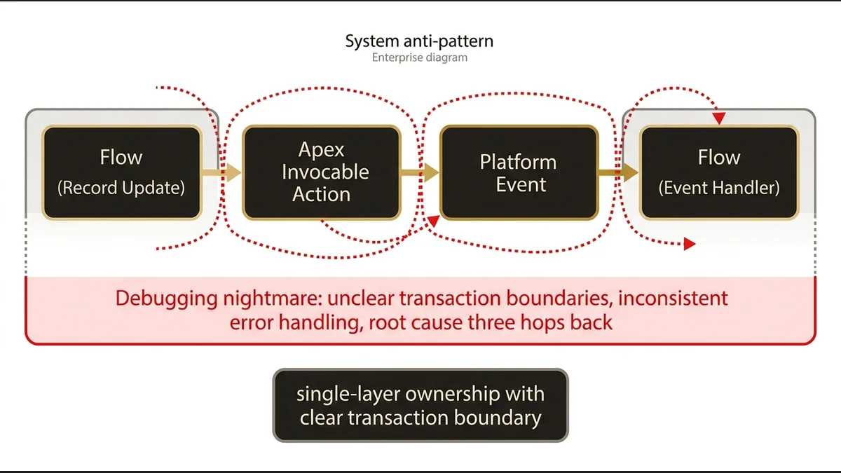 Hybrid automation anti-pattern showing Flow-Apex-Event-Flow chain with unclear transaction ownership