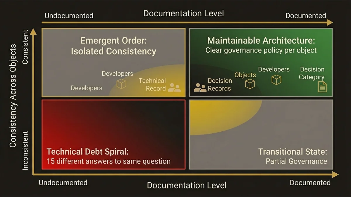 2x2 matrix showing documentation and consistency impact on automation architecture quality