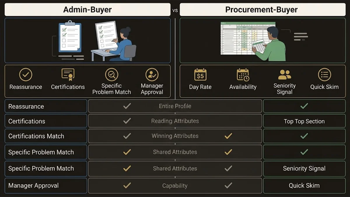 Two buyer personas on Malt: admin-buyer seeking reassurance and certifications vs. procurement-buyer comparing rates and avai
