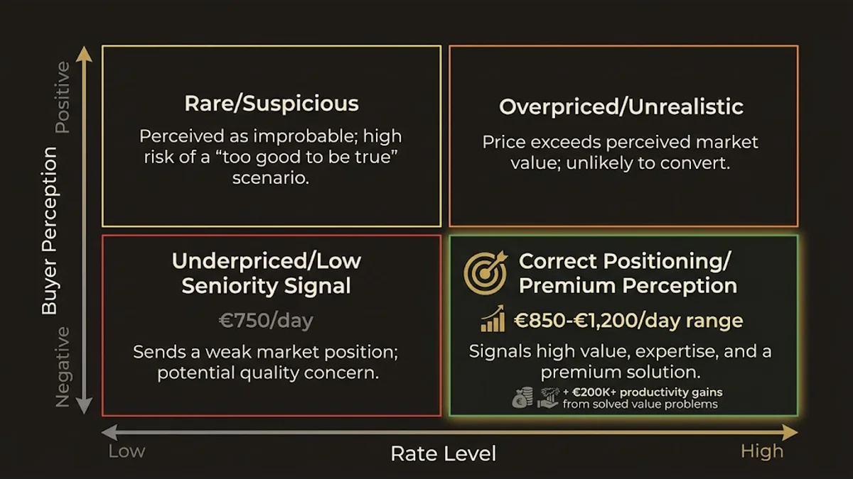 Rate positioning matrix: underpriced signals low seniority; €850-€1,200/day range signals premium architect positioning.