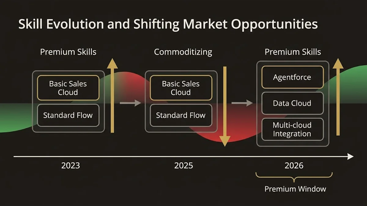 Skill evolution timeline: 2023 premium skills become commoditized by 2026; Agentforce and Data Cloud represent the new premiu