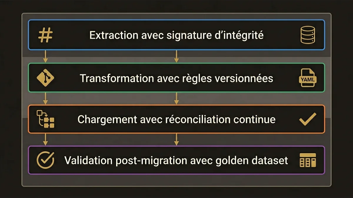 Four-layer migration architecture stack showing extraction, transformation, loading, and validation phases.
