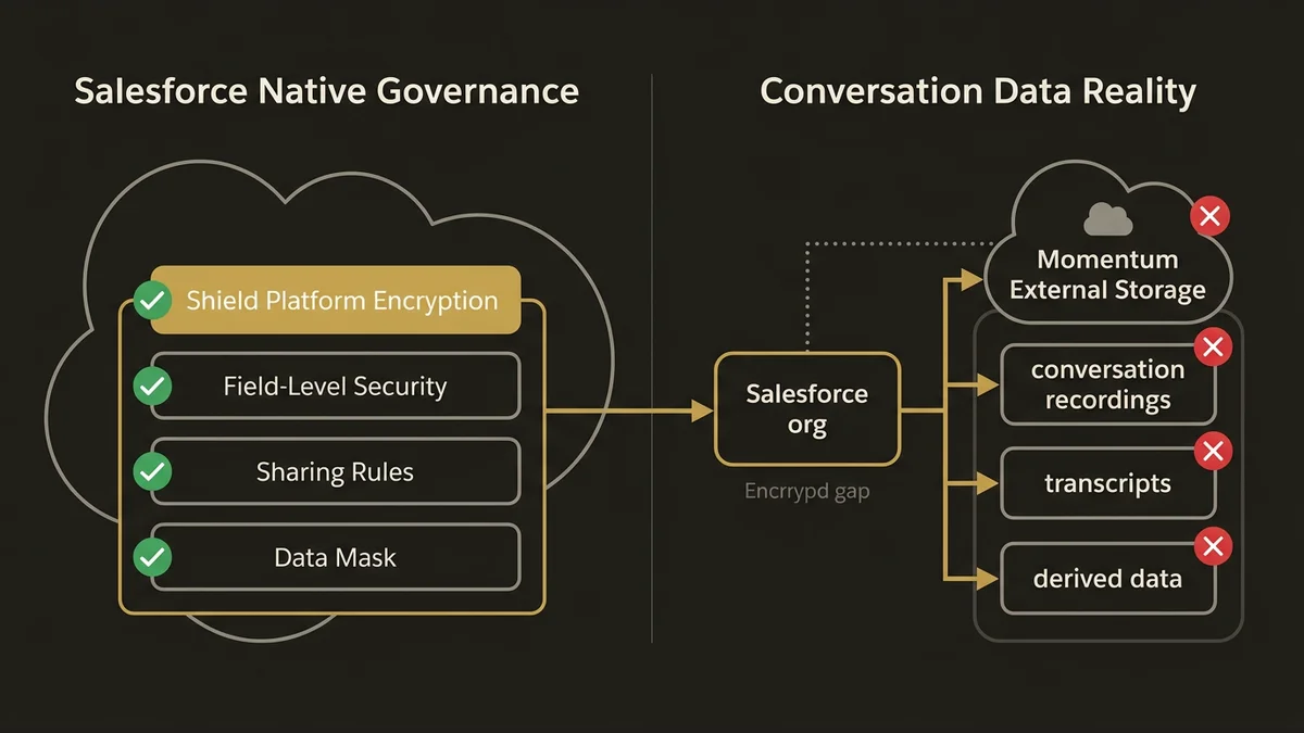 Salesforce governance tools vs. external conversation storage architecture showing encryption coverage gaps.