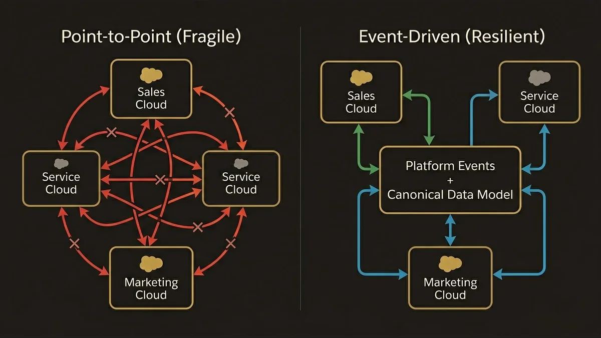 Point-to-point integration creates tangled dependencies; event-driven architecture isolates failures through a central hub.