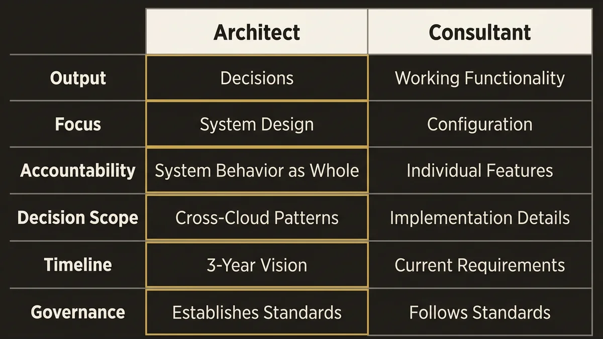 Side-by-side comparison of architect vs consultant roles, outputs, focus areas, and accountability