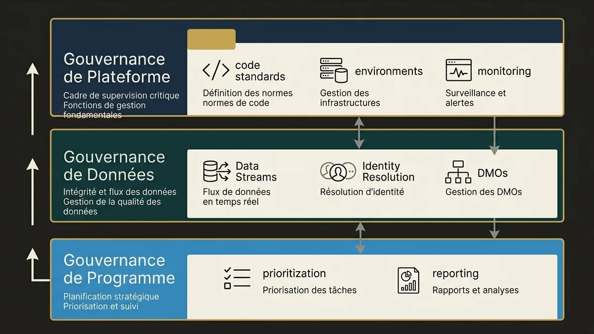 Three-layer CoE architecture stack showing platform, data, and program governance layers with key responsibilities.