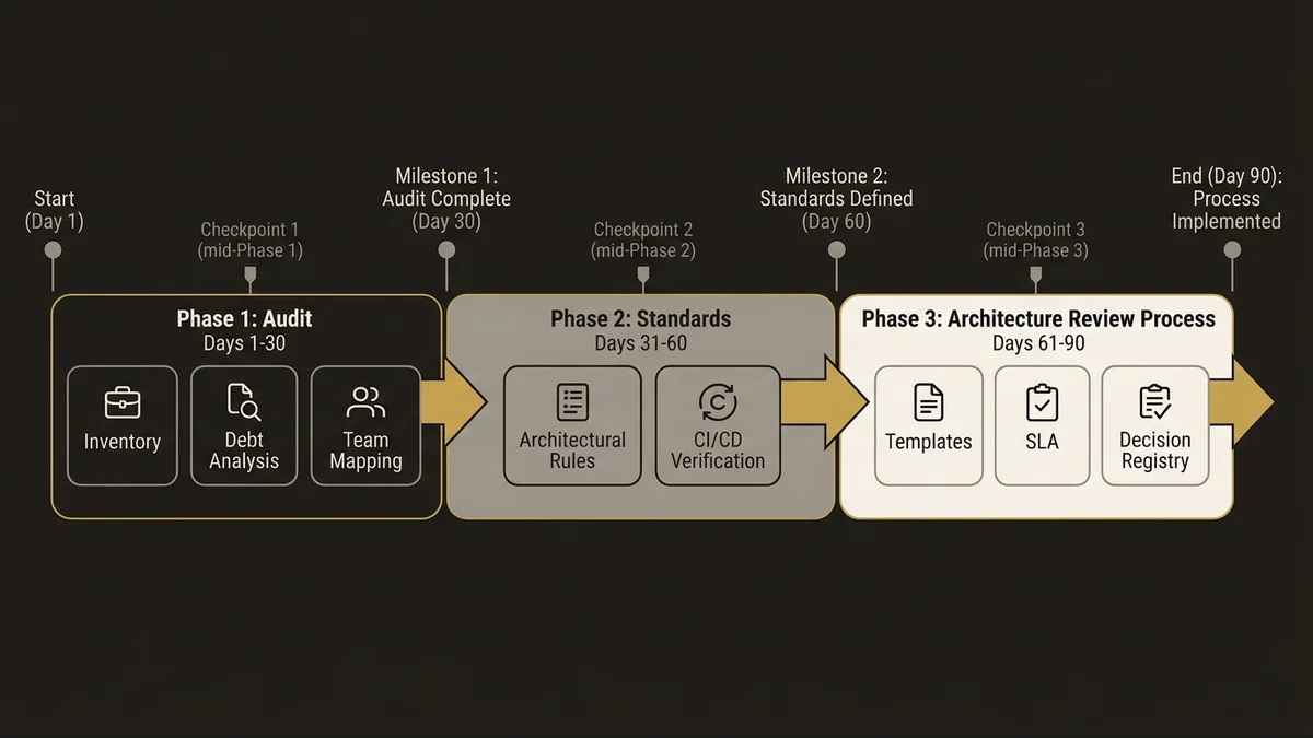 90-day CoE implementation roadmap with three phases: audit, standards definition, and architecture review process.