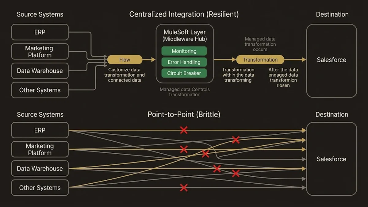 Centralized vs. point-to-point integration architecture showing resilience difference