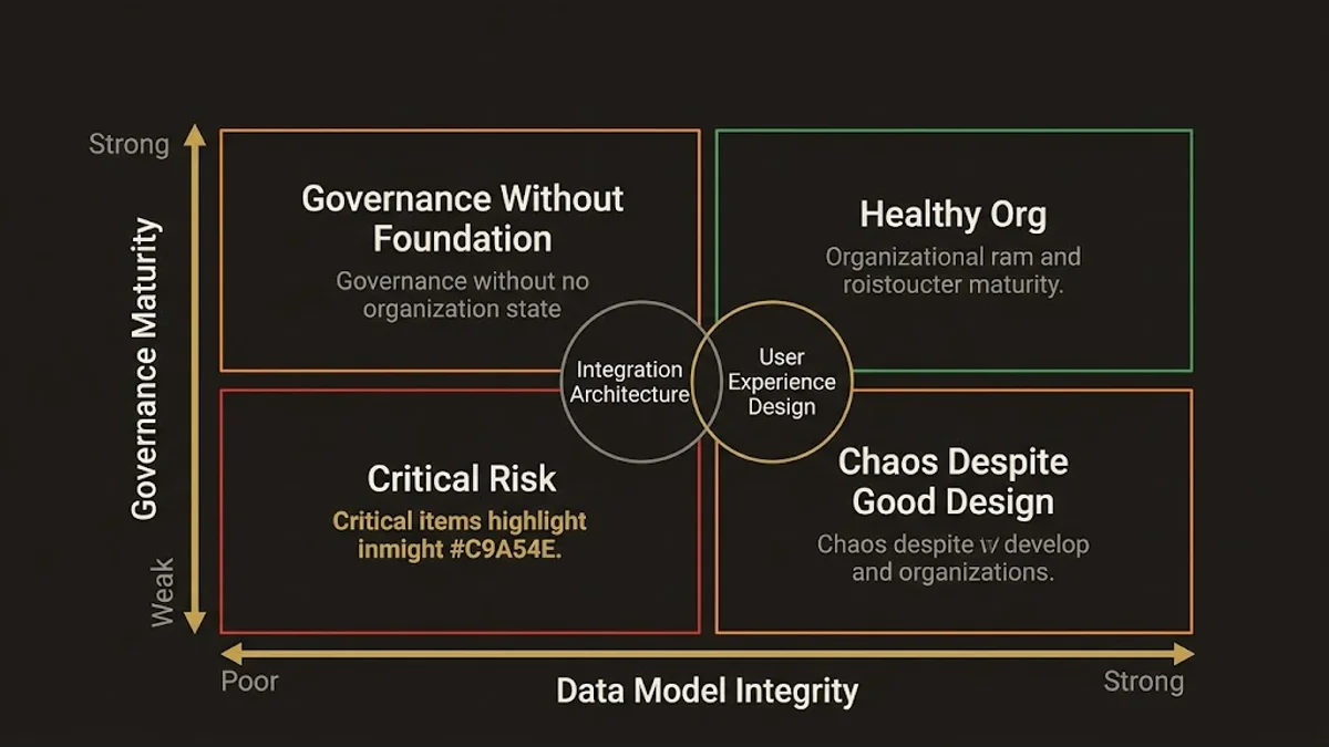 Four-quadrant org health assessment matrix showing data model and governance dimensions