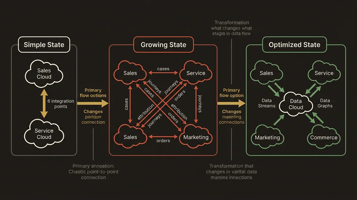 Evolution from point-to-point integrations (6 points) to hub-and-spoke with Data Cloud (single source of truth)