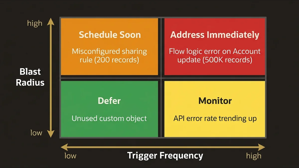 2x2 prioritization matrix with blast radius vs. trigger frequency showing four risk quadrants with examples.