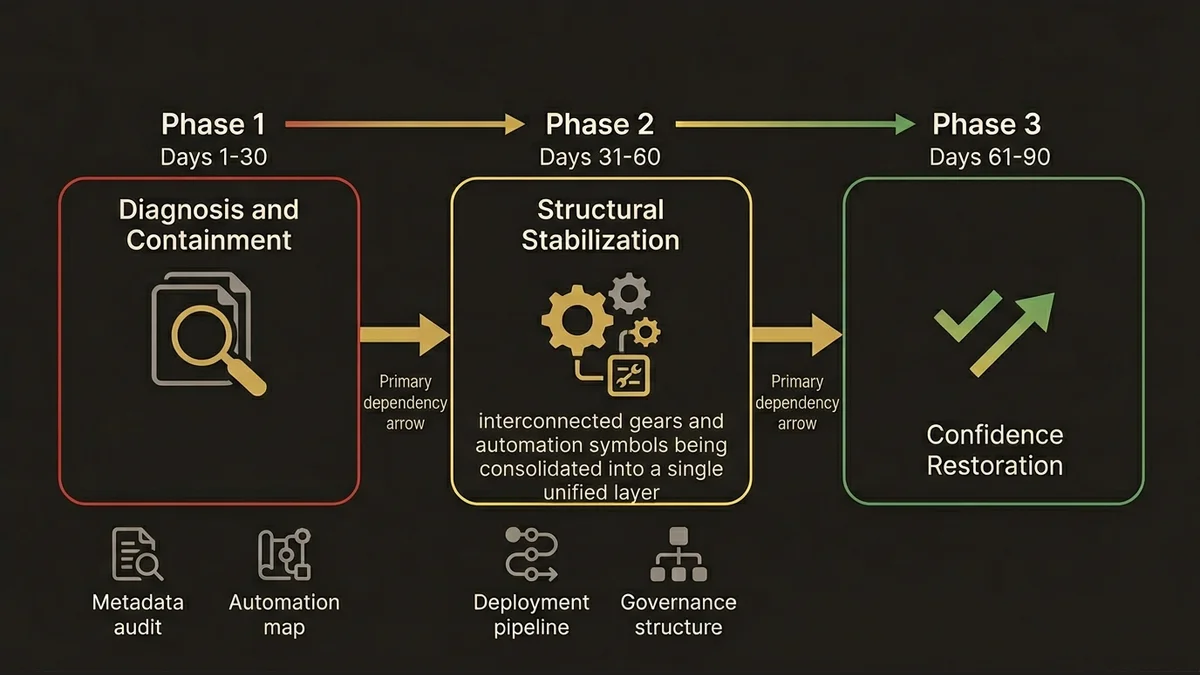 Three-phase 90-day recovery timeline: diagnosis, stabilization, confidence restoration with key deliverables per phase.