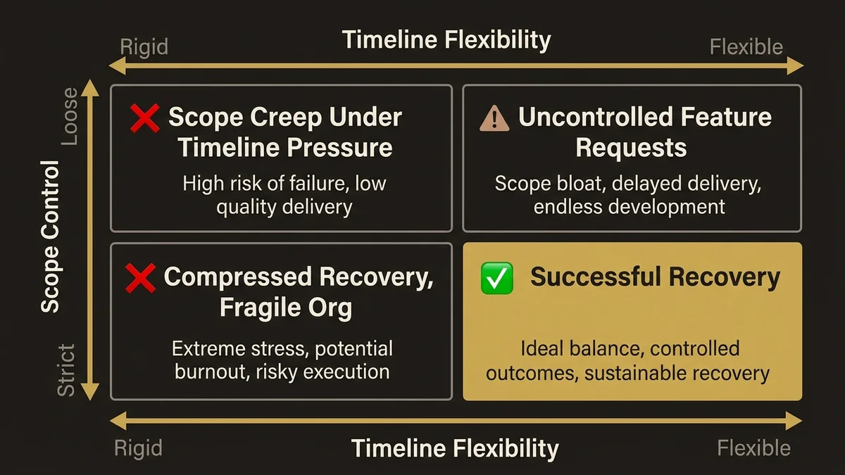 2x2 matrix showing recovery failure modes: scope creep, timeline compression, and documentation gaps versus successful recove