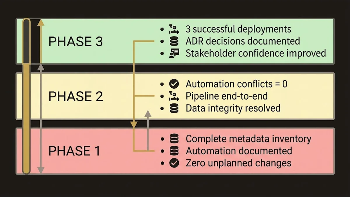 Three-phase stacked metrics visualization showing Phase 1-3 success criteria for org recovery measurement.