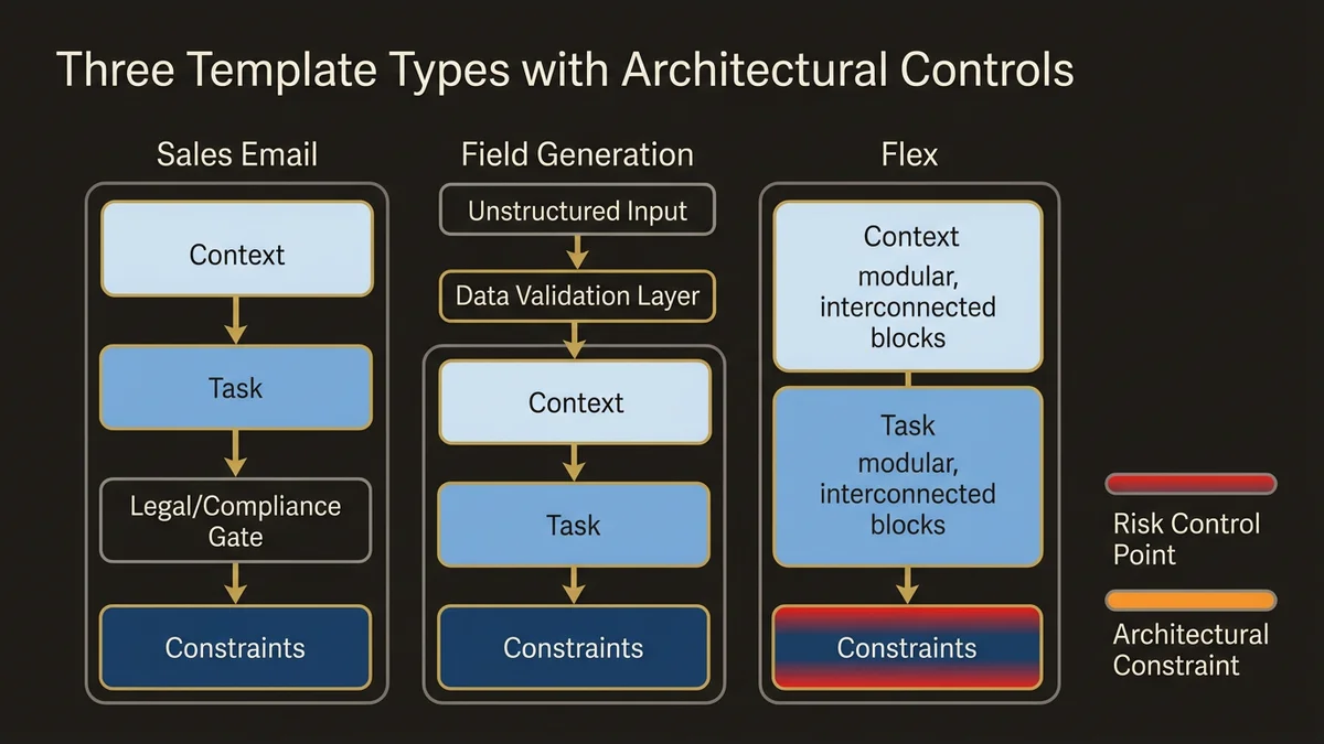 Three-column architecture diagram showing Sales Email, Field Generation, and Flex template structures with Context, Task, and