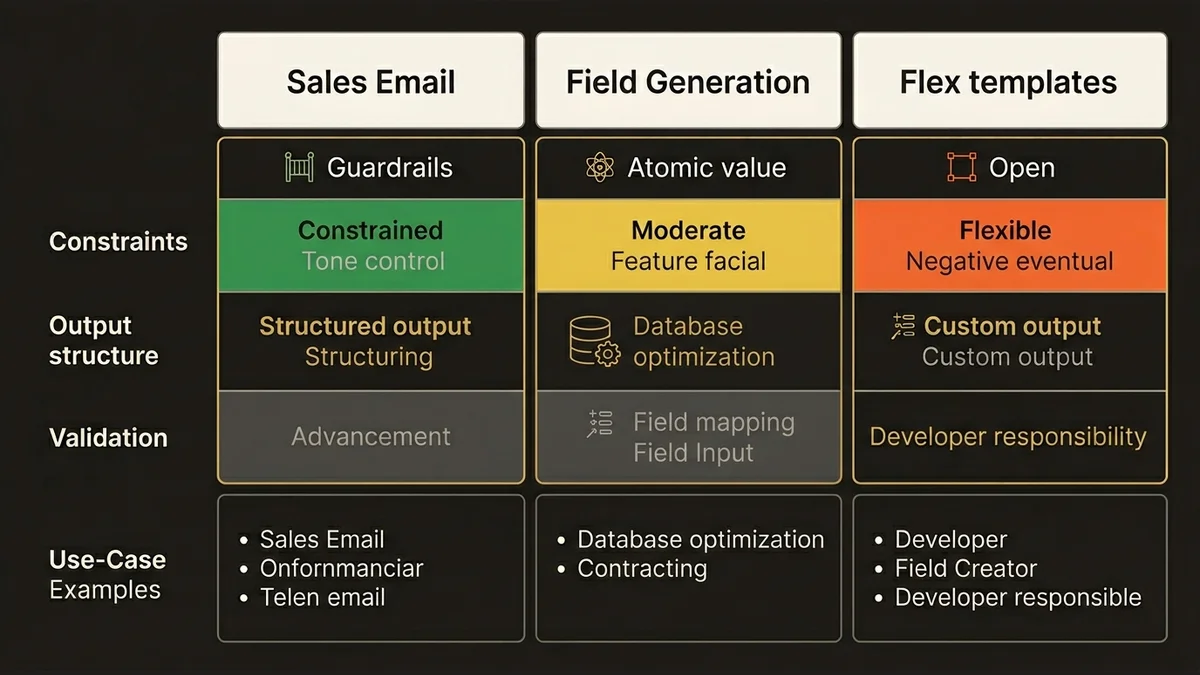 Three template types compared: Sales Email (constrained), Field Generation (optimized), Flex (flexible)