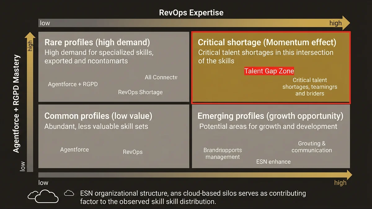 Talent shortage matrix showing rare RevOps + Agentforce + RGPD profile combinations in French market.