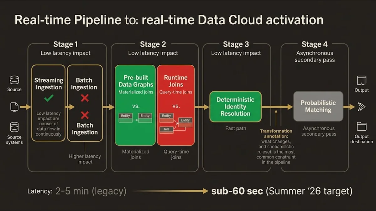 Real-time Data Cloud pipeline: streaming ingestion, pre-built graphs, deterministic matching required for sub-60-second activ
