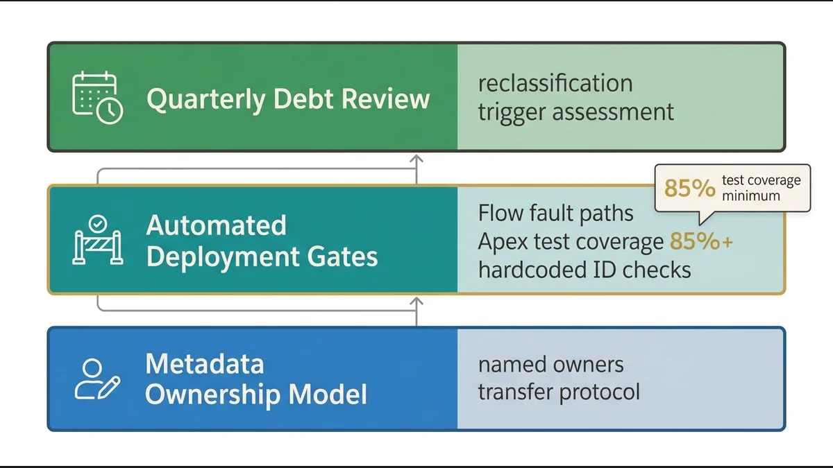 Three-layer governance stack for preventing Tier 1 technical debt accumulation in Salesforce orgs.