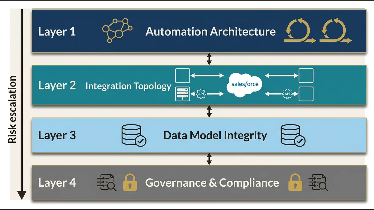 Four-layer technical debt assessment framework showing automation, integration, data, and governance layers