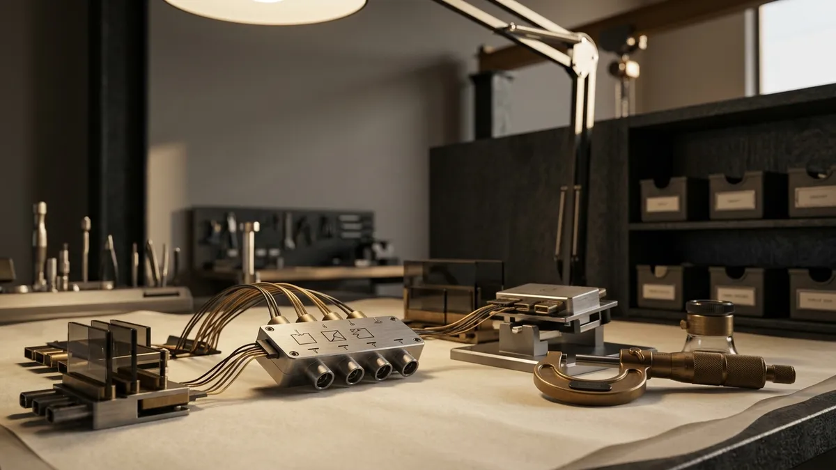 Workbench with connected modules, cables and measuring tools, illustrating controlled technical interfaces.