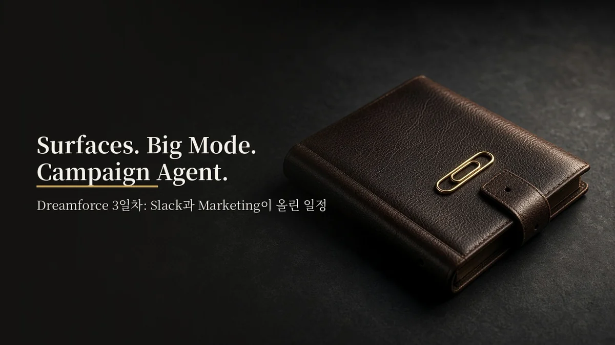 Surfaces. Big Mode. Campaign Agent. / Dreamforce 3일차: Slack과 Marketing이 올린 일정; leather+brass canvas.