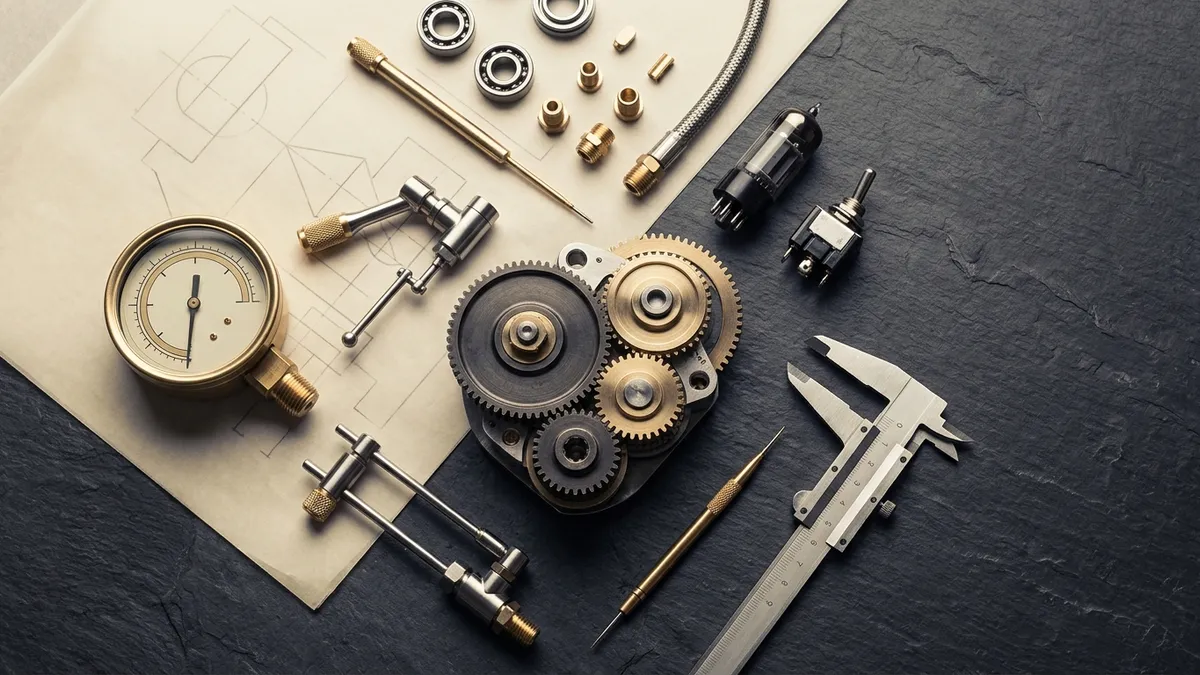 Mechanical gauge, interlocking gears, caliper, and blueprint drawings arranged on a dark work surface.