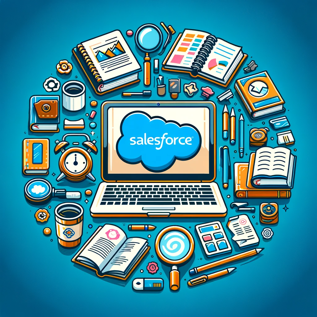A graphic showing a variety of study tools like books, a laptop, and a magnifying glass, centered around a Salesforce logo, representing the resources for certification preparation. 